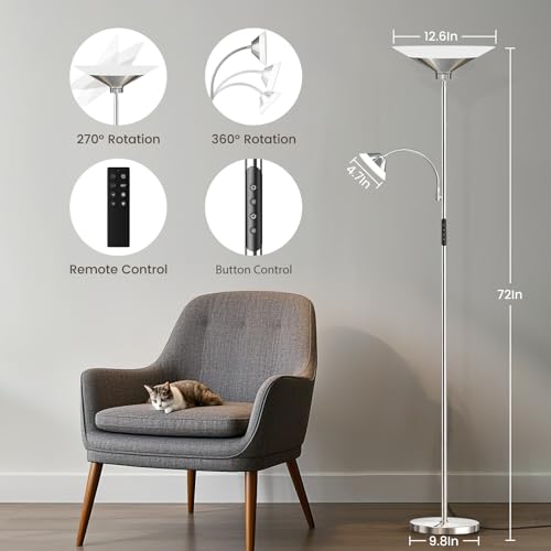 Image of SIBRILLE Metallic Sliver Torchiere Floor Lamp, 2 Way 72'' Dimmable LED Standing lamp with Rmote, Multi Color Temps, 34W Tall Light with Independent Control for Living Room Bedroom Office Reading
