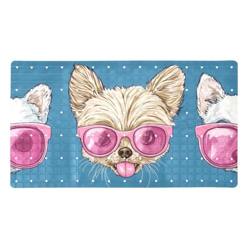 Tapis de bain et de douche, têtes de chiot mignonnes avec lunettes de soleil roses, tapis de bain antidérapant pour baignoire, lavable en machine, tapis de salle de bain avec ventouses, 40 x 70,9 cm