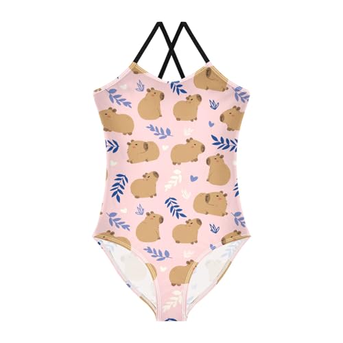 Image of Girls One Piece Swimsuits Cute Capybara Simple Flower Yellow Pattern Cute Swimwear Bathing Suits 3-10T