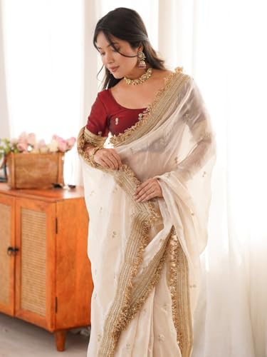 Image of AKHILAM Women's Shimmer Off White Georgette Sequence Embroidery Saree With Unstitched Blouse Piece