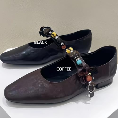 Boho Chic Style Mary Jane Shoes for Women with Single-Strap Metal Buckle Beaded Decoration Genuine Leather Flats3