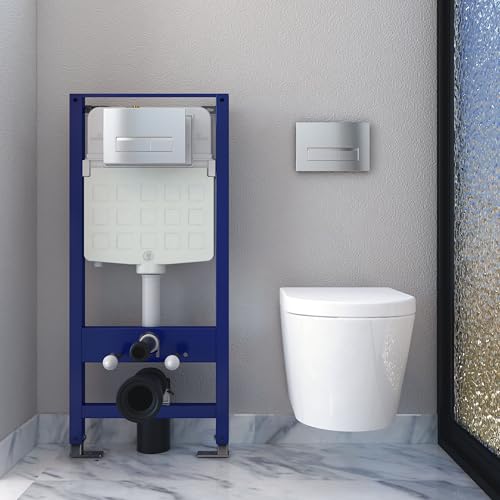 Modern Bathroom Rimless Wall Hung Toilet Round WC Pan Short Projection with 1.14M Concealed Cistern Frame Soft Close Seat White-37102