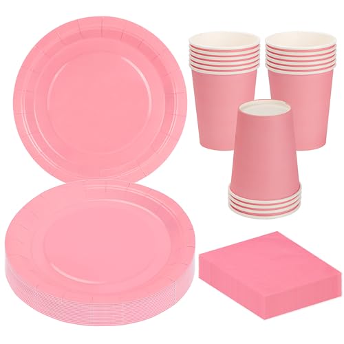 MestectPET 56 Piezas Vajilla Rosa para Fiestas, Platos Vasos y Servilletas de Papel para 16 Invitados, Ideal Juego de Vajilla para Cumpleaños Bodas Aniversario Baby Shower Barbacoas