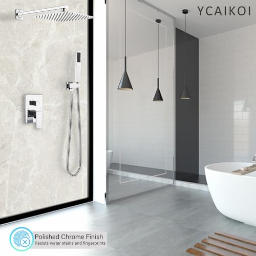 Image of Chrome Shower System YCAIKOI Wall Mount Shower Faucet Set for Bathroom 10 Inch High Pressure Luxury Shower Head with Handheld, Rough-in Valve Body and Trim Included