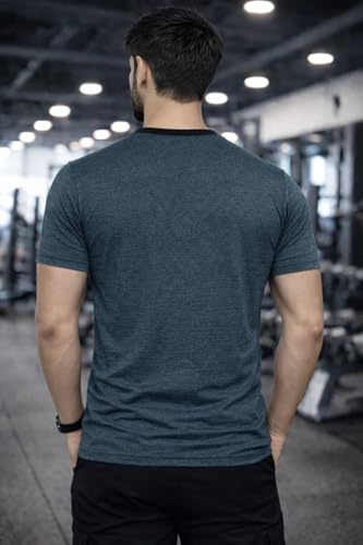 Image of Men's Solid Gym T-Shirt | Slim Fit Gym & Training Tee | Breathable Stretch Fabric | Round Neck Sports Wear for Workout