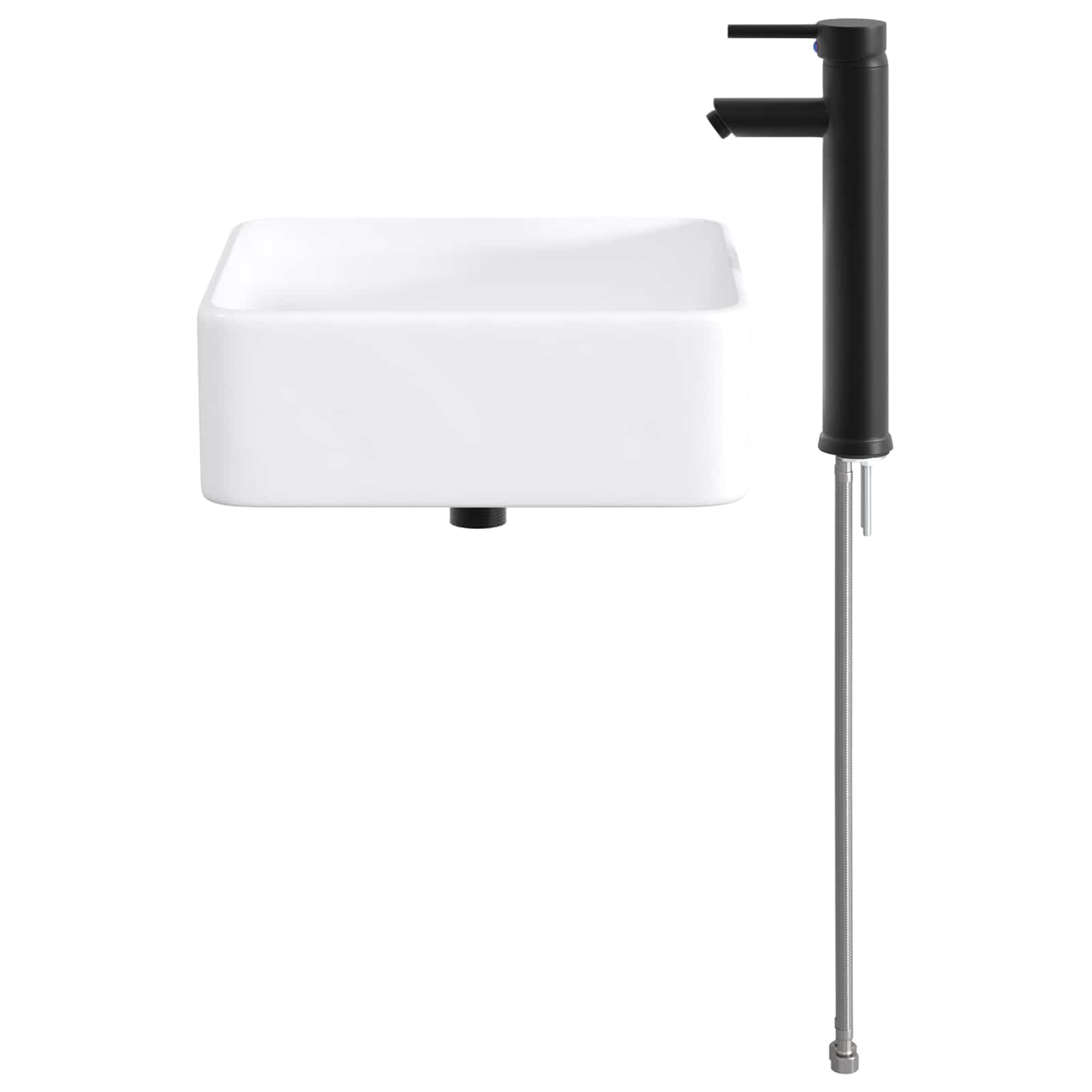 Matt Schwarz Metall Waschbecken mit integriertem Wasserhahn und Ablauf 36,5 x 36,5 x 13 cm für Badezimmer, Gäste WC, platzsparend für Waschplatz