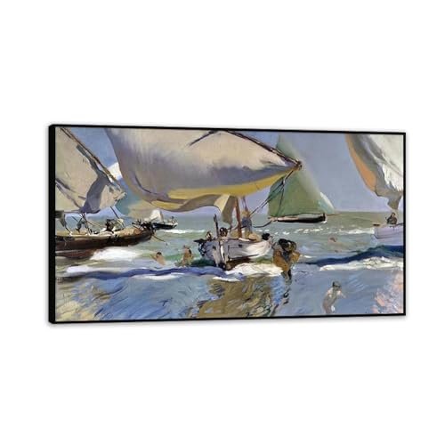 Tableau esthétique Sorolla Bateaux sur la plage, peinture sur toile haut de gamme 125x70 cm