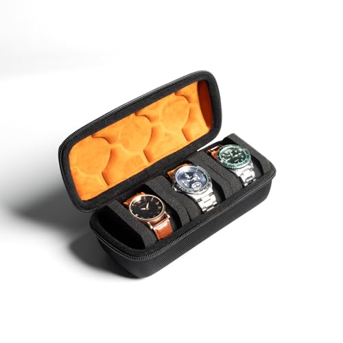 MATGEUT Watch Travel Case -Hard Travel Watch Travel Case, Hard Watch Box Storage Organizer and Display fit Large&Small Watches (Brown Lining, 3 Slots)