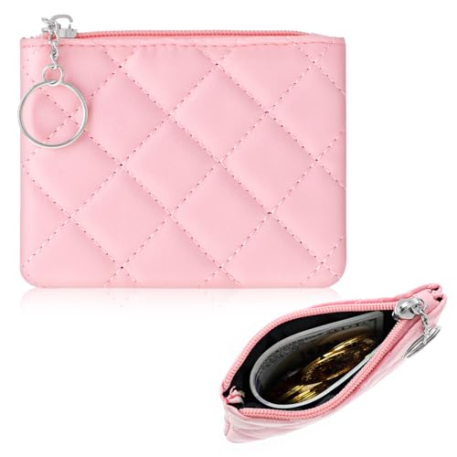 Ymapinc Small Coin Purse for Women Pink Zipper Coin Purse Rhombus PU Leather Coin Pouch Zippered Mini Coin Bag with Keyring for Women Girls Cute Change Purse