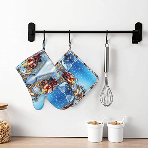 Santa Claus In Sleigh Reindeer Snow Printed Oven Mitts And Pot Holders Sets Non-Slip Anti-Scalding Glove Mitt For Cooking Kitchen Mitt Potholders 2 Piece Set #TOP6
