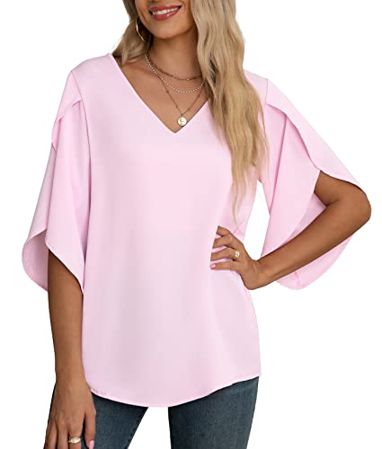 Jouica Women's Fall Casual 3/4 Ruffled Sleeve Chiffon Blouse Tops for Women