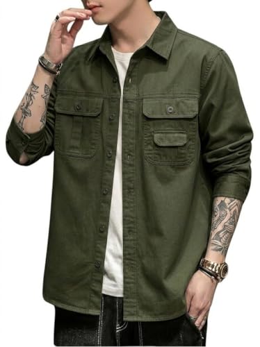 Image of SMOWKLY Men's Casual Shirt Jacket for Men | Lightweight 100% Cotton Overshirt | Full Sleeve Utility Shacket with Pockets | Stylish for Everyday Wear | Full Sleeve Button Down Shirt