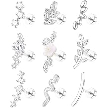 ZELORES 9Pcs Flat Back Cartilage Earrings for Women Trendy 16G Tragus Conch Helix Piercing Jewelry Stainless Steel Snake Star CZ Flat Back Stud Earrings Set