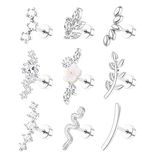 ZELORES 9Pcs Flat Back Cartilage Earrings for Women Trendy 16G Tragus Conch Helix Piercing Jewelry Stainless Steel Snake Star CZ Flat Back Stud Earrings Set(Silver Tone-9Pcs)