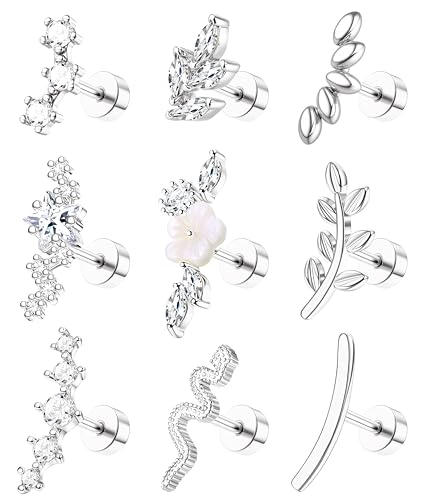 9Pcs Flat Back Cartilage Earrings for Women Trendy 16G Tragus Conch Helix Piercing Jewelry Stainless Steel Snake Star CZ Flat Back Stud Earrings Set