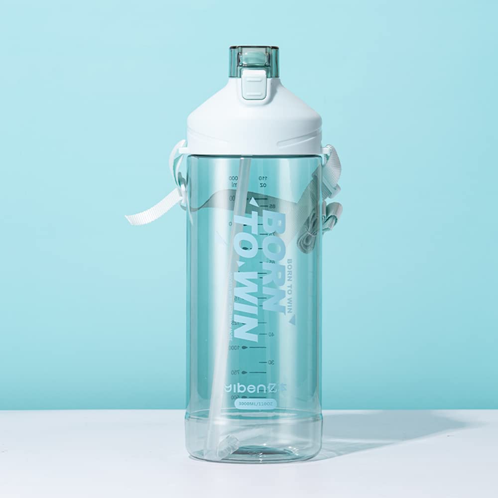 WATMHHJQ Large Capacity Sports Water Bottle, 3 L, Space Cup, Plastic Water Bottle, BPA-Free Jump Cap, with Straw/Handle/Strap (Green)