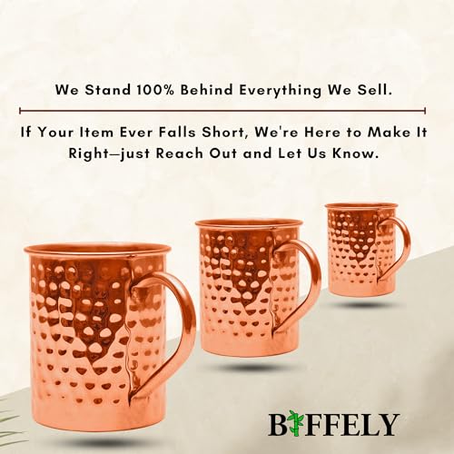 Image of Copper Mules PURE Copper Mug RAW Cups Interior Ideal for Ayurvedic Health Benefits and Moscow Mules - Hand Hammered Finish - Authentic and Strong Riveited Handle - Holds 16oz