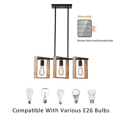 9Mmml 3 Lights Kitchen Island Lighting, Black 3 Lights Dining Room Chandelier,Wood Frame Pendant Light For Living Room Foyer Entryway Hallway,E26 #TOP4