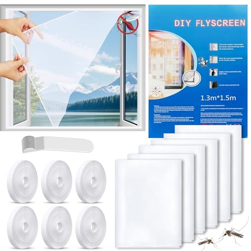 STFYUG 6 Stück Fliegengitter Fenster, Insektenschutz Fenster, Moskitonetz Fenster, Fliegennetz Fenster, mit Klettband Selbstklebend, Moskitonetze für Fenster und Türen