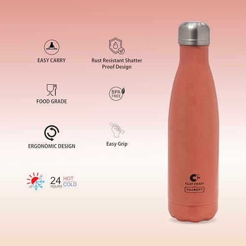 Image of Clay Craft Vacbott Vaccum Bottle, Stark Sparkle Double Walled Insulated 24 Hours Hot and Cold Water Bottle - 500 ml -1 Piece (Sparkle Ruby) Steel Water Bottles for School, Office, Home, Gym, Leakproof