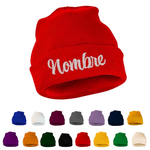 ZPUBLI+ Gorro de Invierno Personalizado en Bordado.Beanie Hombre,Mujer y niños. Gorro de Punto,Lana, cumpleaños,Aniversario,San Valentin. (FR/ES, Letras, Talla única, Adulto, Rojo)