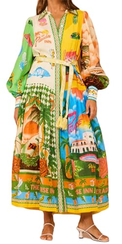 Image of Qikaka Women's Long Puff Sleeve Lapel Button Printed A-Line Sexy Nightclub Vacation Beach Belted Dress