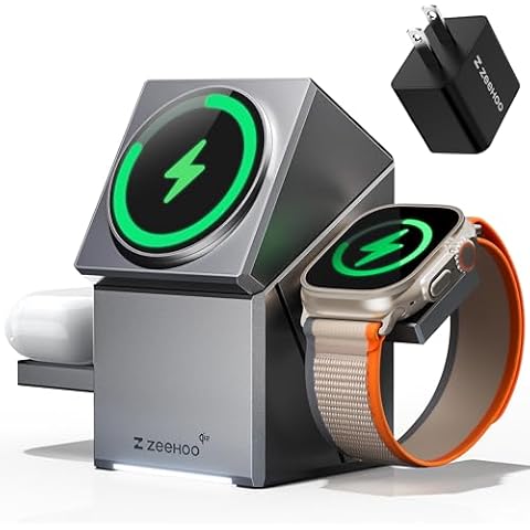ZEEHOO 3 in 1 Charging Station for Apple MagSafe Charger, CubeTrick-X Qi2 15W Fast Wireless Charger Stand for Apple Watch, for iPhone 16,15,14,13,12 Series, AirPods (Metal Gray) Cover