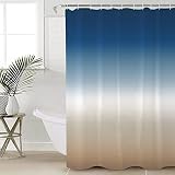 Navy Blue Beige Ombre Cream Shower Curtain Set - 66" x 72" Washable Bathtub Curtain with 12 Hooks, M