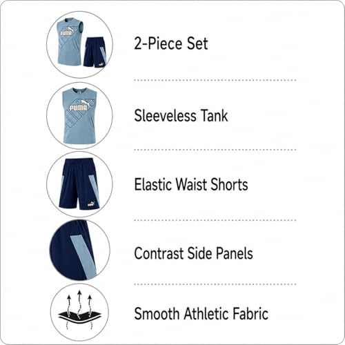 Image of PUMA Active Boys Shorts Set - 2 Piece Dry Fit Sleeveless Basketball Boys Athletic Shirts and Boy Shorts Matching Set (4-16)