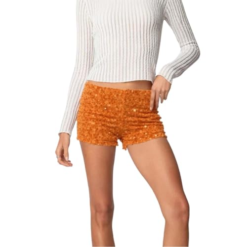 Bodycon Shorts High Glitter Sequins Stretchy Butt Lifting Party Clubwear Fashion Summer Mini Short Pants (Orange, M)