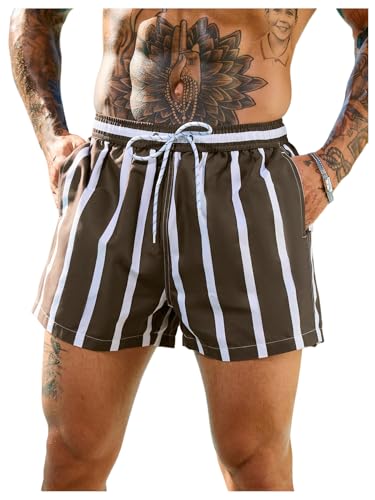 SweatyRocks Men's Striped Swim Trunks Drawstring High Waisted Beach Shorts with Pocket Brown X-Large