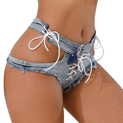 AIEOE Hot Pant Femmes Jeans Short avec Cordon de Serrage Sexy Très Court Femme Été Mini Shorts Taille Basse Hotpants Taille S Bleu E