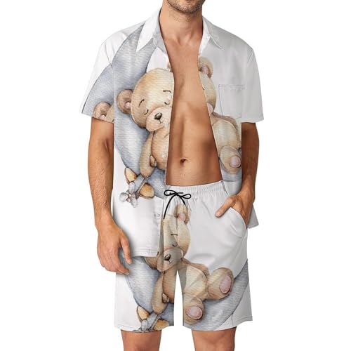 Chemise Hawaïenne Homme Ensemble Short Pantalon Plage Été Ours Lunaire