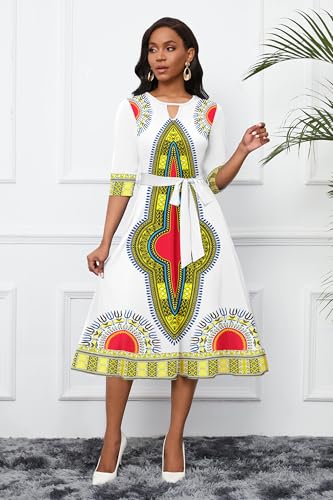 Image of CLOCOR Midi Dresses for Women Casual A-Line Fit and Flare Dress Crewneck 3 /4 Sleeve Keyhole Cocktail Party Church Dress