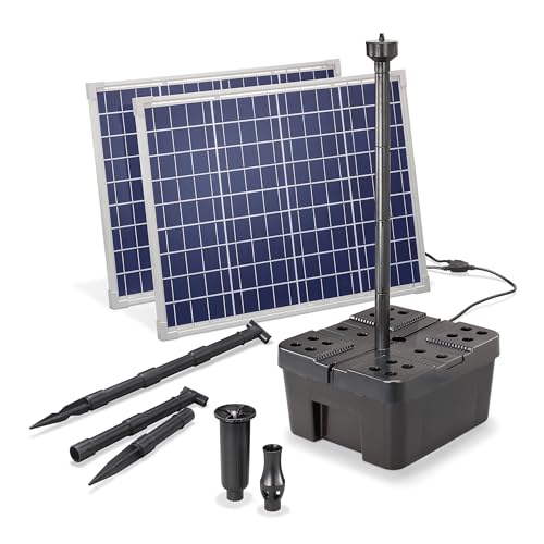 Esotec Solar Teichfilterset Starter 100/3400, Teichfilter Komplettset, Pumpe 3400l/h, 3 Düsenaufsätze, Solarmodule 100 Watt, Teichpumpe außen, Gartenteichreinigung 100911