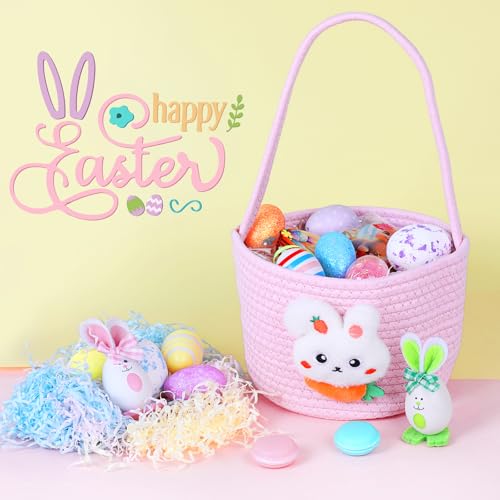 Image of DERAYEE Easter Basket with Handle, Cute Bunny Carrot Basket Easter Egg Hunts Gift Baskets for Easter Party Favors Candy Gifts Storage (Pink)