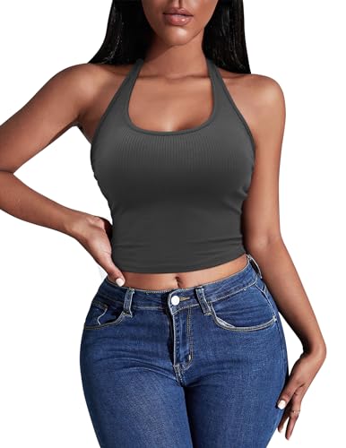 Image of Ekouaer Women Halter Top Backless Scroop Neck Slim Stretchy Ribbed Knit Camisole Crop Tops S-XXL