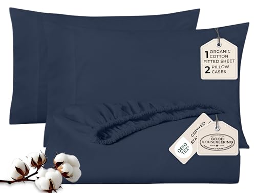 Image of ROYALE LINENS Fitted Sheet with Pillowcases - Full Fitted Sheets with 2 Pillowcases - 300 Thread Count 100% Organic Cotton - Fits Mattress Up to 18 inch Deep - Soft & Breathable - Navy (No Flat Sheet)