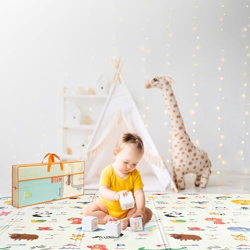 Image of Wiltology playmat, Foldable Baby Play Mat, Extra Large, Non-Toxic, Waterproof Activity Playmats for Babies, Education for Infant, Non-Slip Double Sided (79”x71” 0.6 in Milky) Boys and Girls
