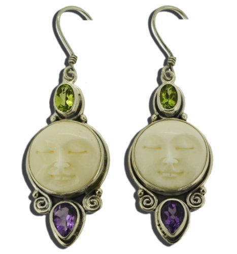 Moon Face Peridot Amethyst Earrings Sterling Silver 925 Handcarved And Gift Boxed #TOP1