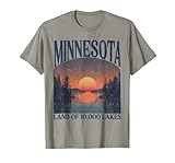 Vintage distressed sunset lake scene representing Minnesota’s nickname "Land of 10,000 Lakes." Perfect design for outdoor lovers and state pride fans. Captures the peaceful beauty of Minnesota wilderness with forest silhouettes and warm sunset reflec...