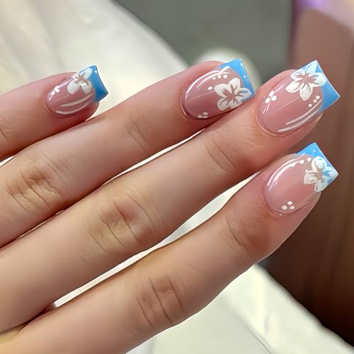 Blue French Tip Press on Nails Square White Flowers Fake