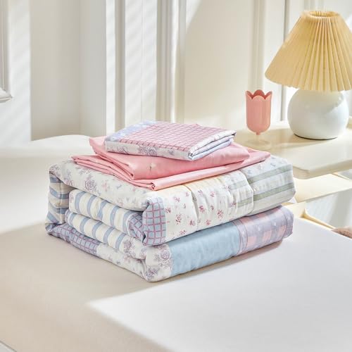Image of Joyreap 4 Piece Cotton Toddler Bedding Set- Colorful Flowers Patchwork Design, Toddler Comforter Set for Girls, Includes Quilted Comforter, Fitted Sheet, Top Sheet, and Pillow Case