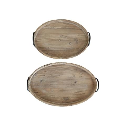 Creative Co-Op Round Decorative Wood Trays with Metal Handles (Set of 2 Sizes) Cover