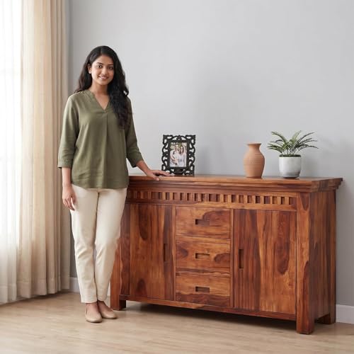 Image of SHIKHA WOOD CRAFT Solid Sheesham Wood Sideboard Cabinet with 2 Doors and 3 Drawers | Wooden Kitchen Cabinet, Crockery Unit, Dining Room Organizer, Living Room Storage Furniture (Kuber Honey Finish)