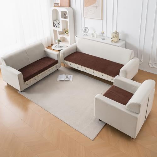 Image of HOKIPO 'Serenity Tassel' Chenille Sofa Cover 6 Seater Set with Tassels - Washable 3+2+1 Sofa Cover Mat | Chestnut Luke (IN-890 + IN-891 + IN-892 - BR)