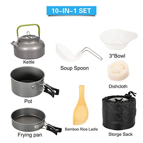 Buycitky Camping Cookware, 10 Piece Camping Cooking Set, Removable Pot Set, Outdoor Cooking Tableware, Camping Accessories, Folding Handles, Non-Stick Coating, for Outdoor, Picnic, Camping, Cooking - Image 4