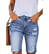LONGYIDA 2025 Denim Bermuda Shorts for Women Stretch Distressed Cuffed Hem Jeans Short with Pockets