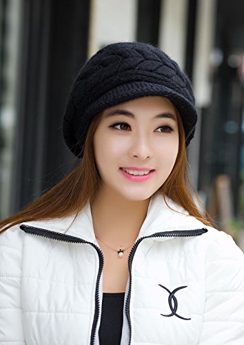 HINDAWI Newsboy Caps Women Winter Hats Knit Crochet Fashions Snow Warm Cap with Visor Black and Beige - Thumbnail 7