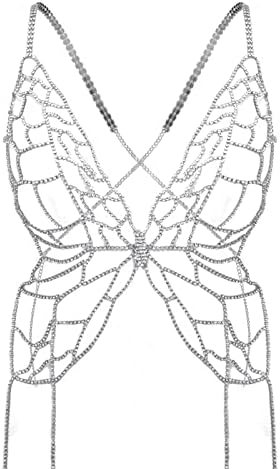 Florry Sexy Rhinestone Body Chain Bra Silver Butterfly Hollow Out Top Beach Bikini Fashion Body Chains Jewelry for Women and Girls